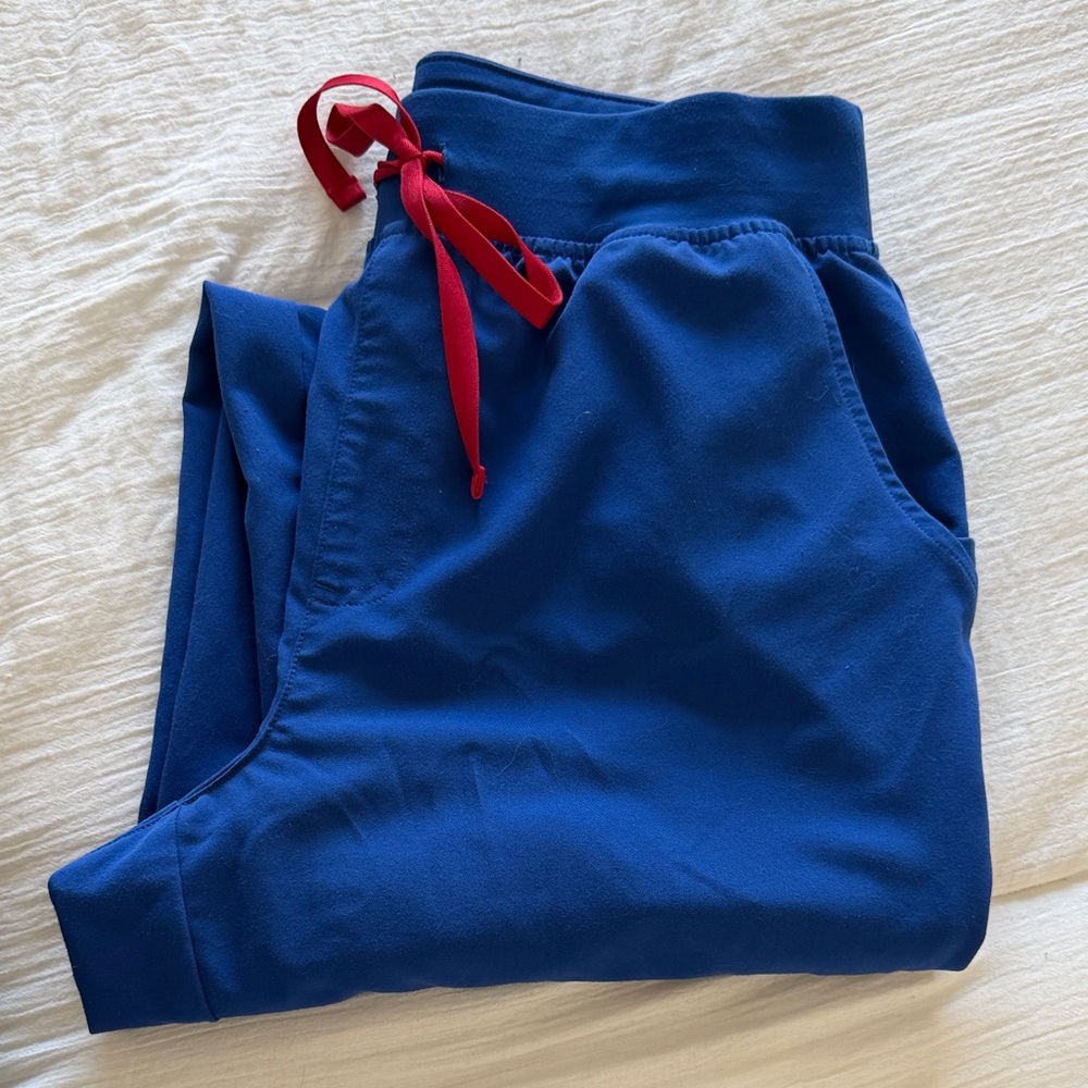 Figs Blue Ankle Pants with Red Tie